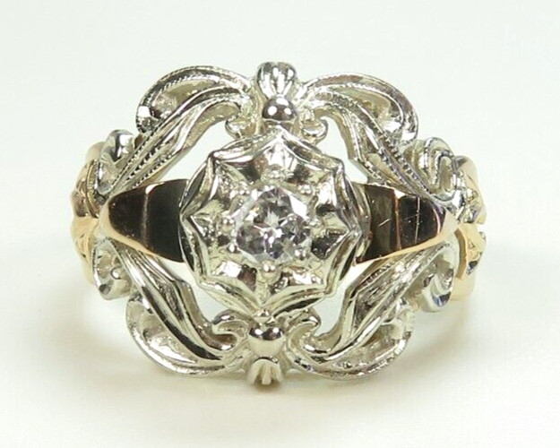 Antique 1920’s Diamond Unisex Engagement 17K Two Tone Ring Size 7.25 UK-O Deco