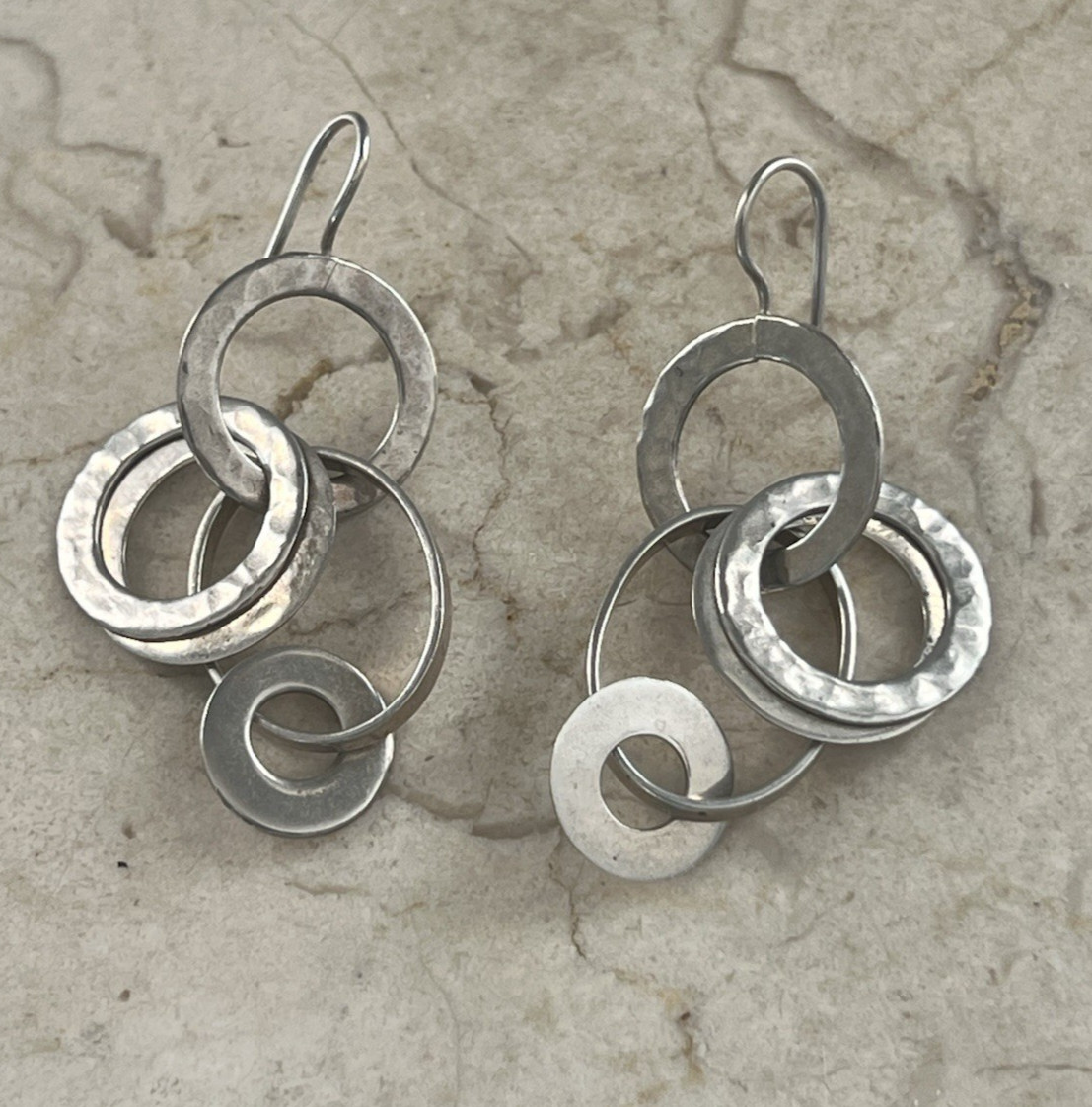 Vintage Sterling 9225 Multi Circle Hoop Dangle Drop Earrings 2 1/4″