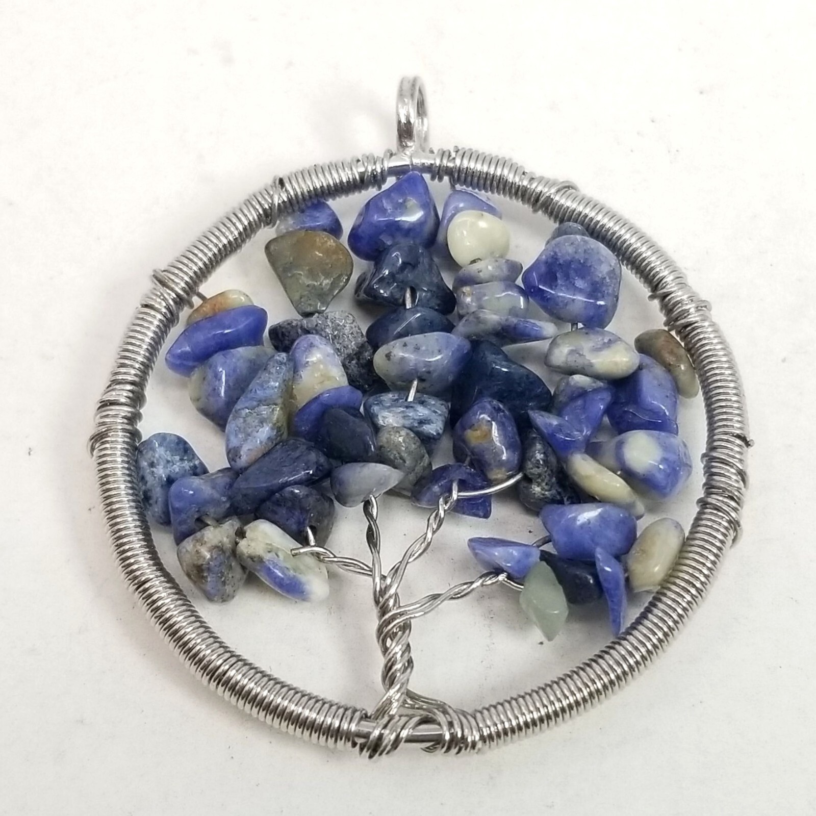 Vintage Blue and Slver Tone Wire Wraped Tree Pendant, Beaded Stone, Tree of Life