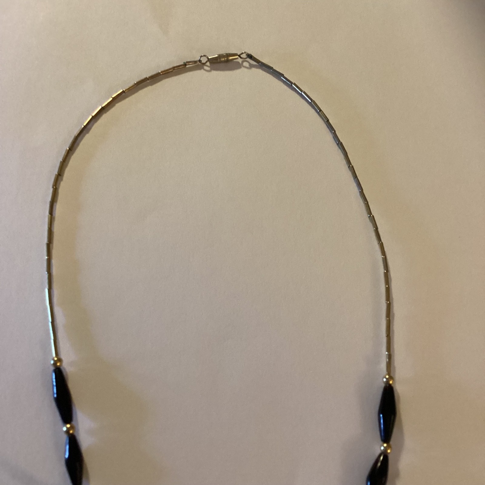Vintage Black Coral Necklace Gold Tone Beads Mid Century Modern Statement