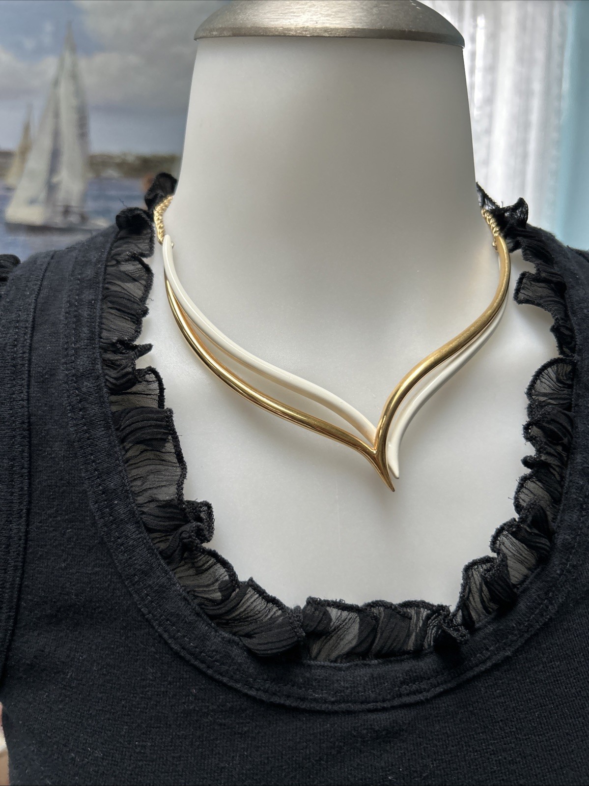 Vintage Monet Double V Neck Swirl Choker Necklace Two Tone Gold Off White Signed