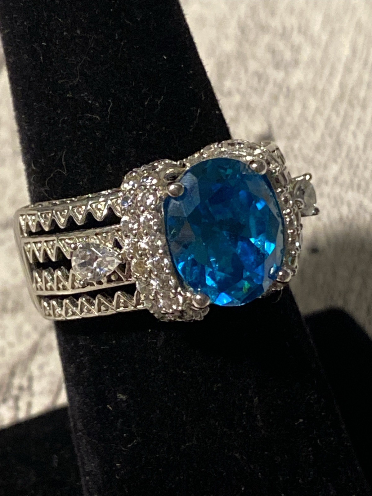 Sz 8 Cushion Cut 925 Ring Blue Topaz Color Stone Sterling Silver Filigree Signed