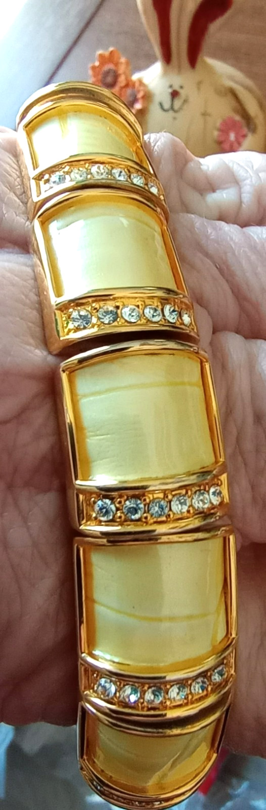 Joan Rivers bracelet, leather and rhinestone panel stretch, cream and gold tone