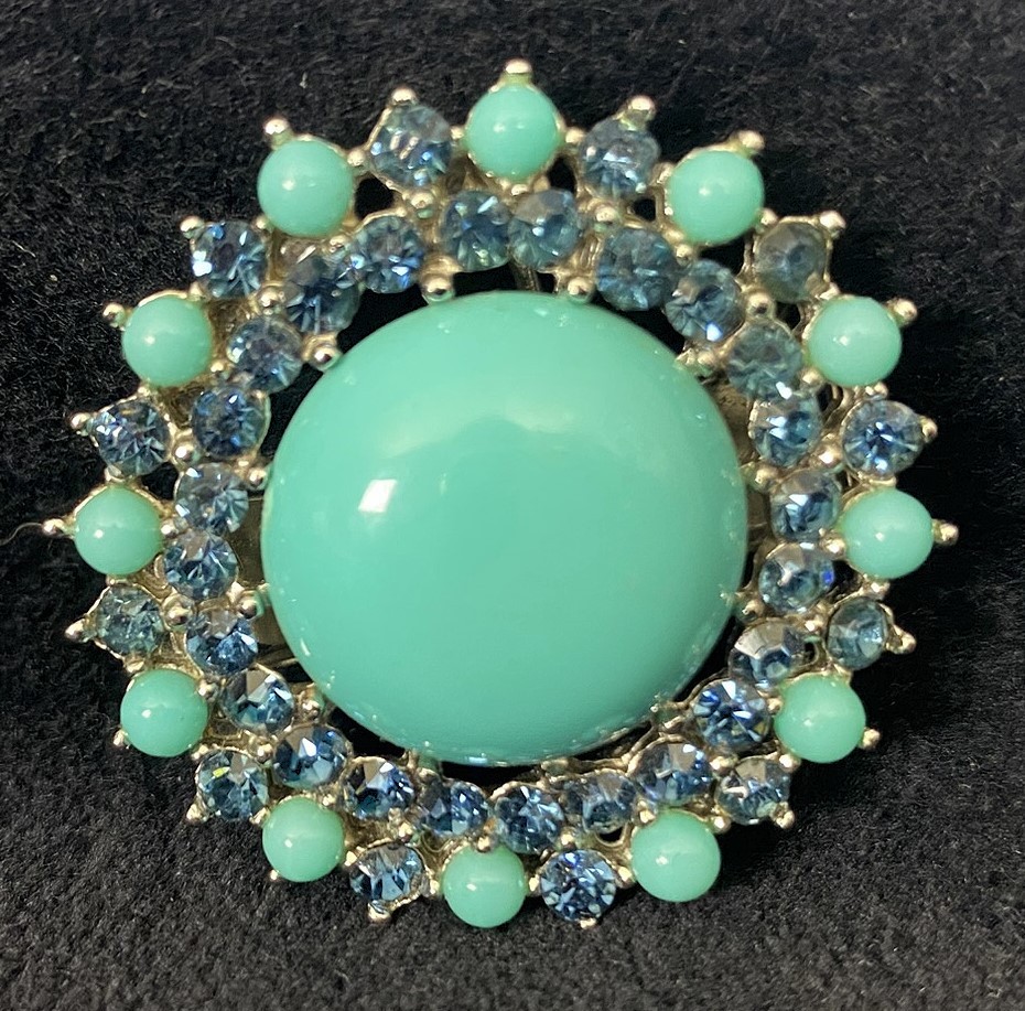 Vintage, Signed, Trifari Costume Jewelry Brooch Faux Turquoise Blue Rhinestones