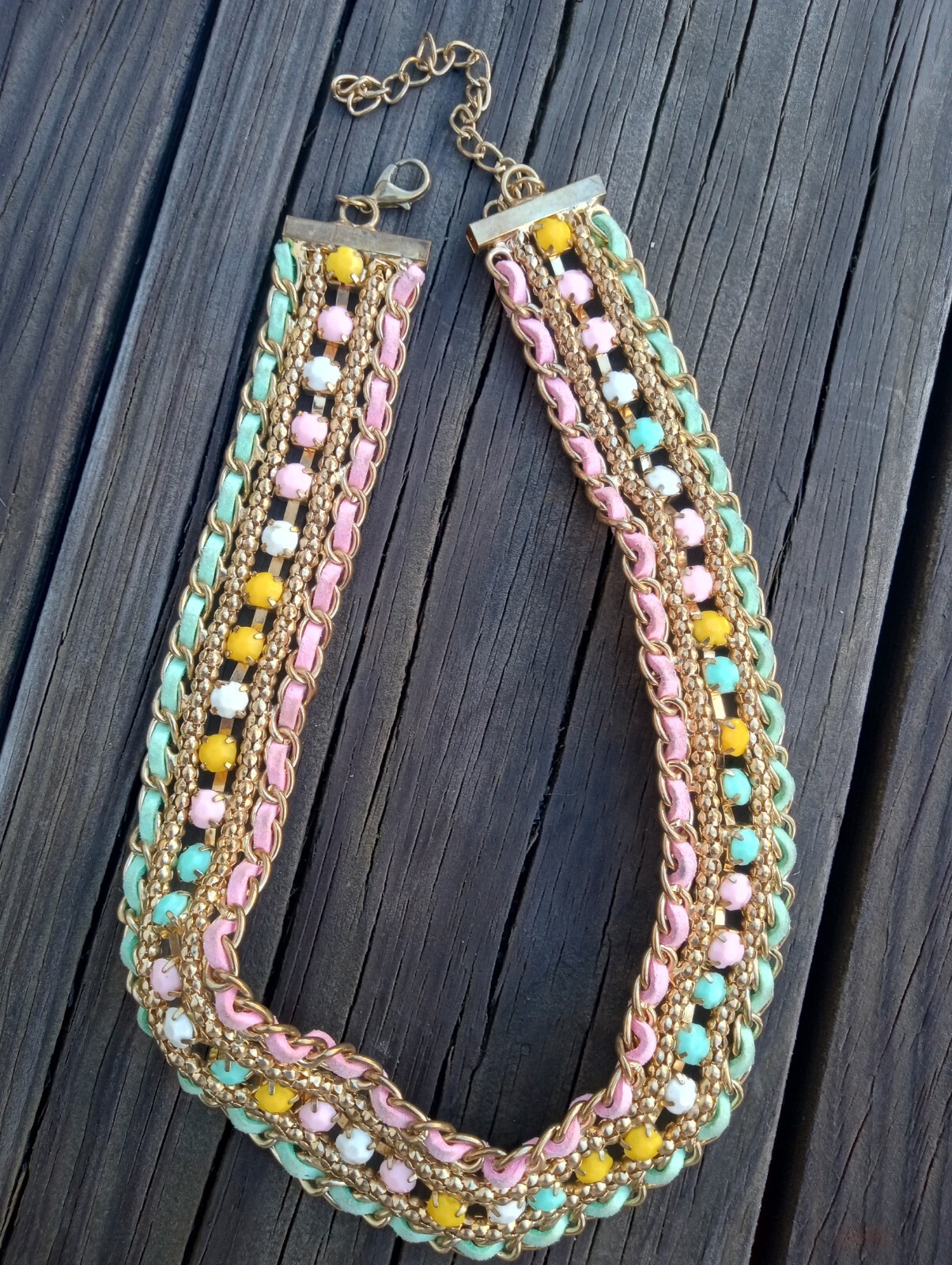 Colorful Pastel Necklace Braided Leather And Multi Colored rhinestones 15″