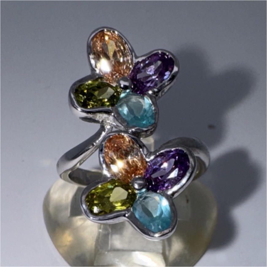 Sterling Silver ring multicolor gemstone flower design bezel setting size 8