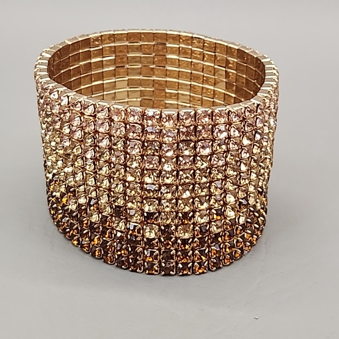 Wide Rhinestone Stretch Bracelet Ambre Peach to Brown 6.75″