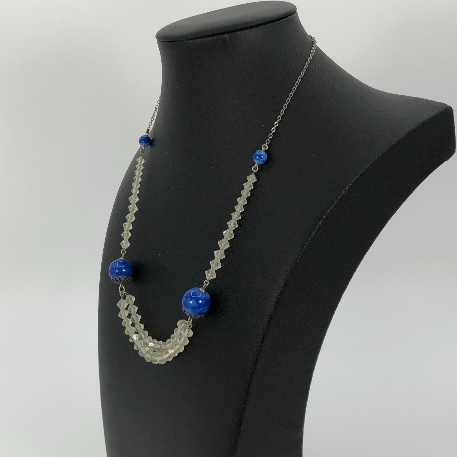Vintage Bicone Glass Beaded Necklace Art Deco Style Estate Find Blue & Clear