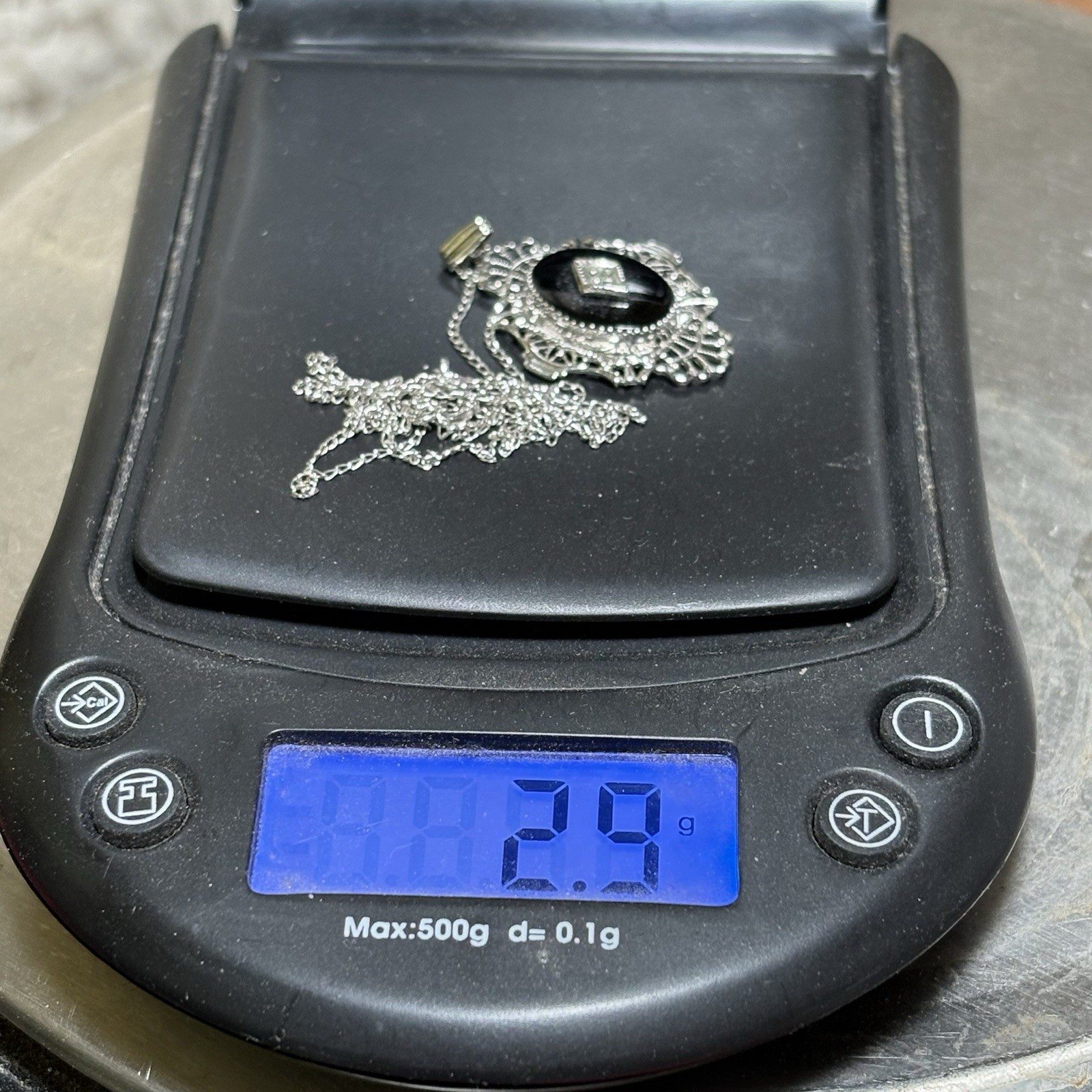 VTG Art Deco Black Onyx Diamond Filigree Pendant Necklace Sterling Silver 18″