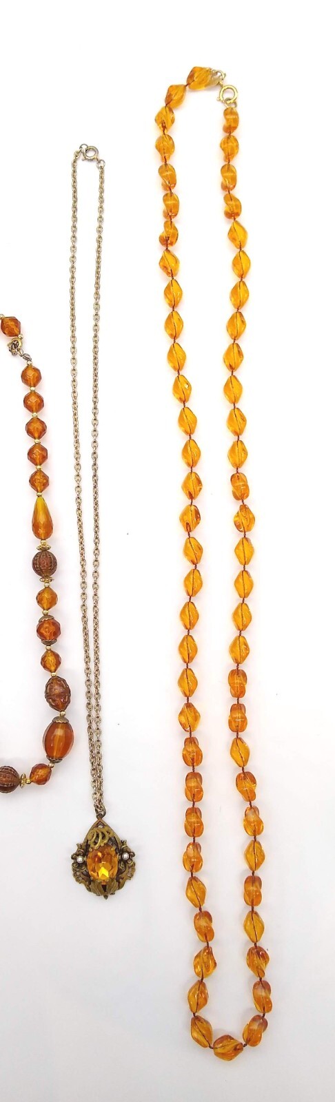 Amber Honey Topaz Color Beads Necklaces Lot of 6 Gold Tone Tassel Filigree Vinta