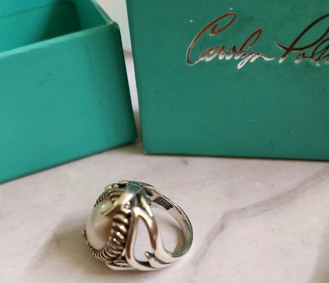 Carolyn Pollack Large Oval Pearl Ring Size 5.4 Box, Bag Sterling Vintage