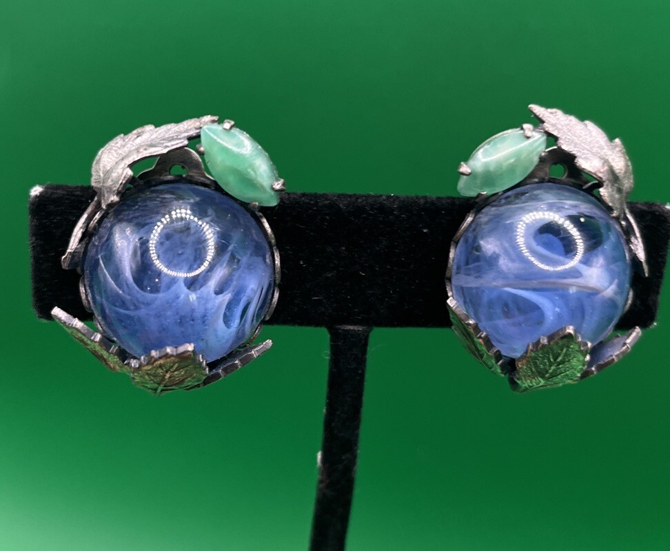 Vintage Silver Tone Blue Gripoix Glass Cabochon Clip Earrings? Austria?
