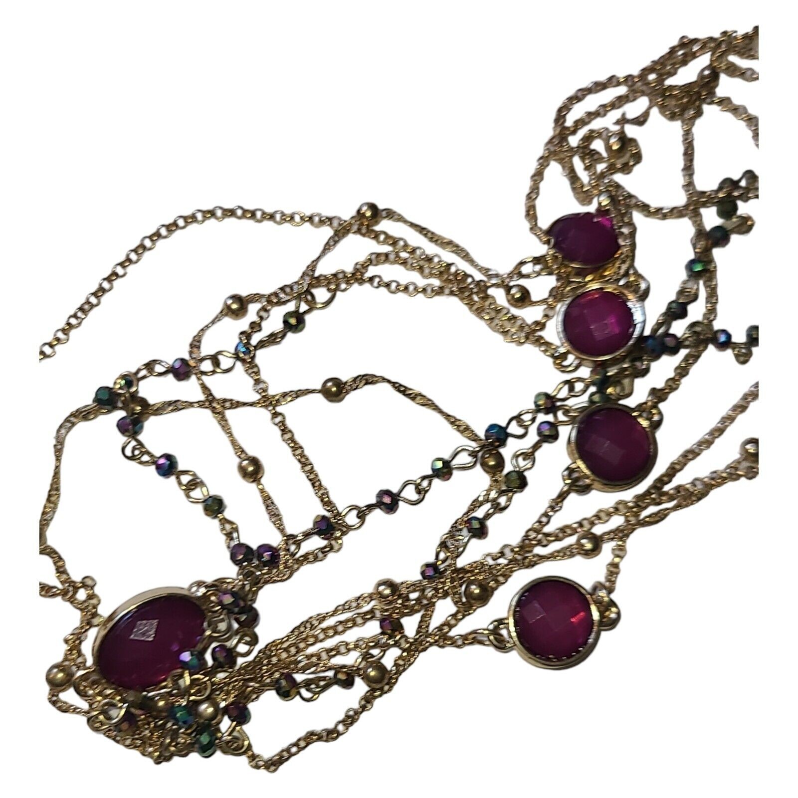 Gold Tone 3 Strand Aurora Borealis Crystal & Pink Acrylic Station Necklace 32″
