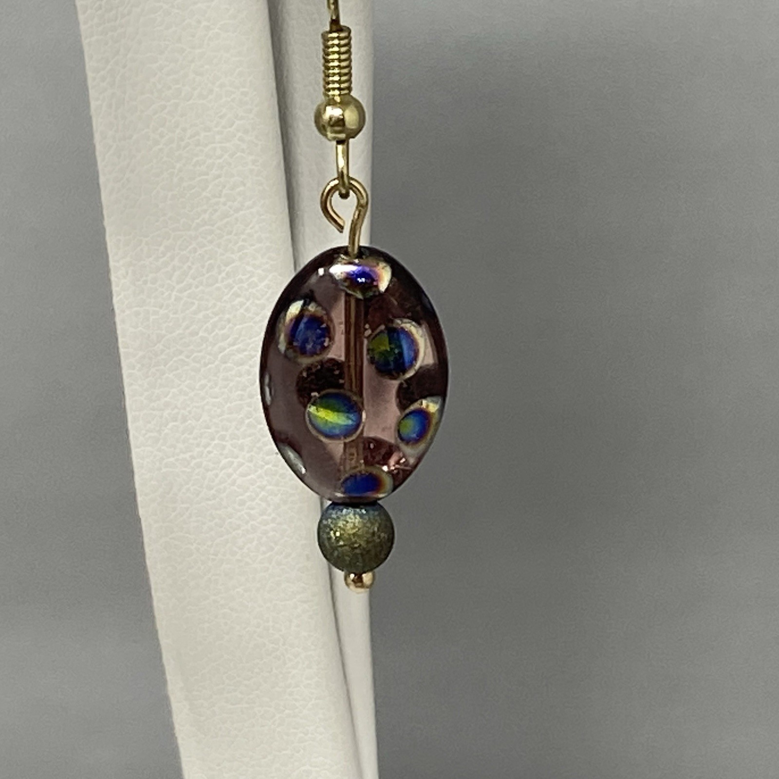 Purple Glass Bead Earrings Dangle Drop Pierced Peacock Iridescent Spotted Hook