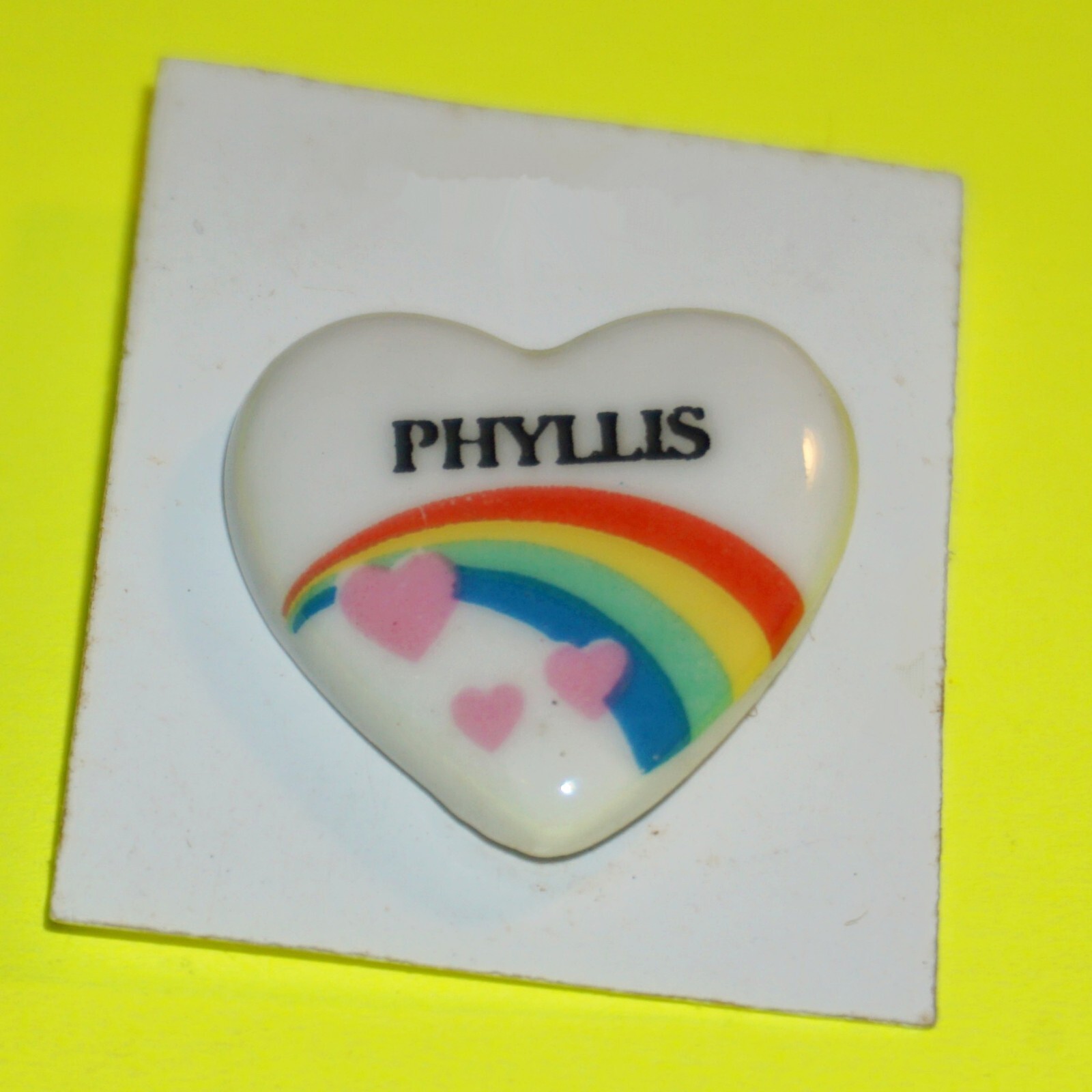 Rainbow Heart Pins on White Vintage 80’s Pick Name Retro Girls Names Hat Bag Etc