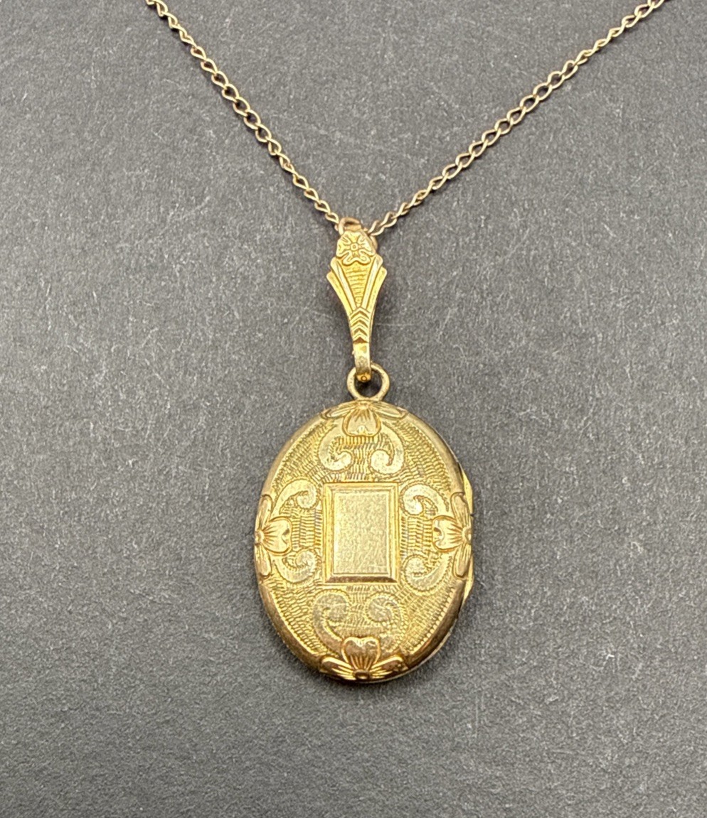 Victorian 10k Gold Filled Locket Necklace Etched Oval 16” B44