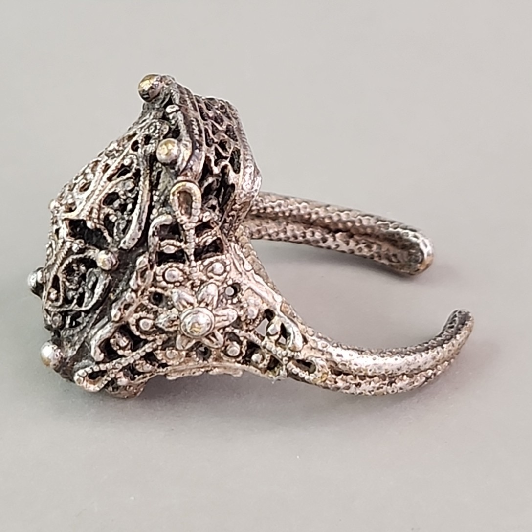 Filigree Statement Cuff Ring Brass Silver Tone Rectangle Heavy 7.5