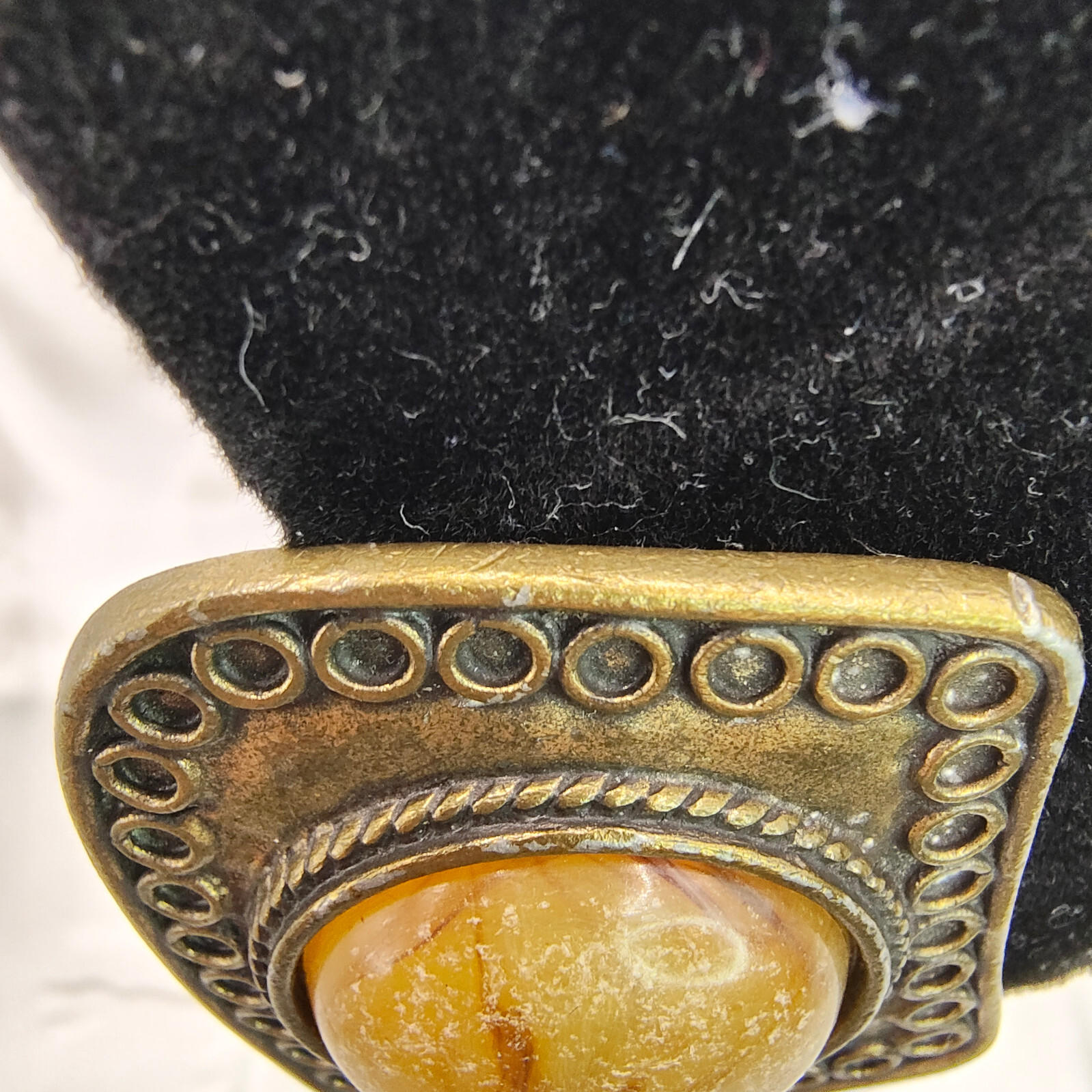 VTG Brutalist Earrings Clip On Brass Plated Unpolished Stone Ornamented Border