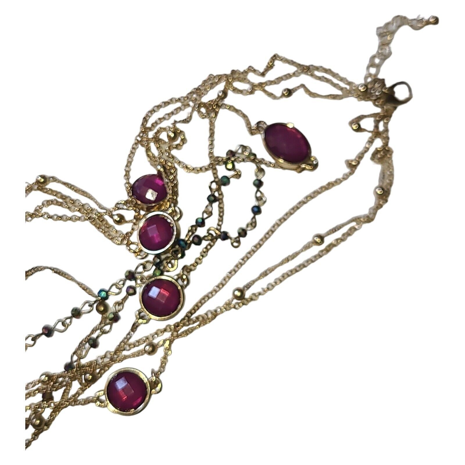 Gold Tone 3 Strand Aurora Borealis Crystal & Pink Acrylic Station Necklace 32″