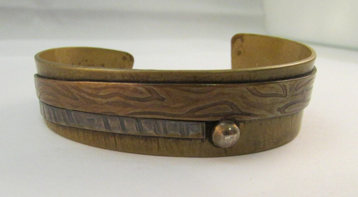 Vintage Signed Mixed Metals Hammered Textured Cuff Bracelet Copper Brass Silver