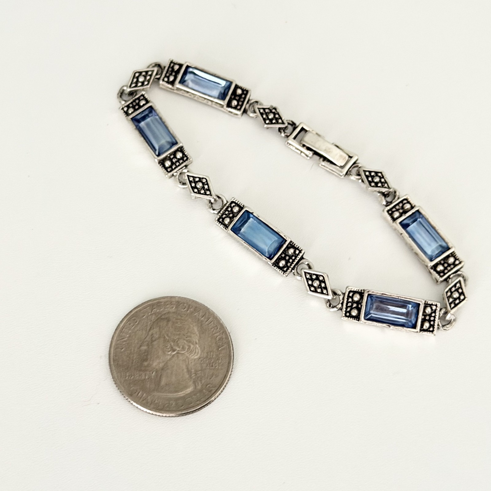 Vintage Blue Crystal Faux Marcasite Silver Tone Chain Link Bracelet 6.75″