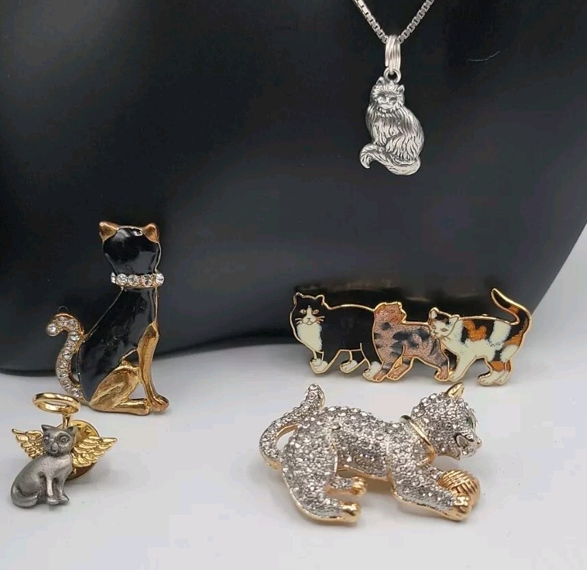 Cat Jewerly Lot 4 Kitty Pins Brooches Bracelet Sterling Silver Necklace
