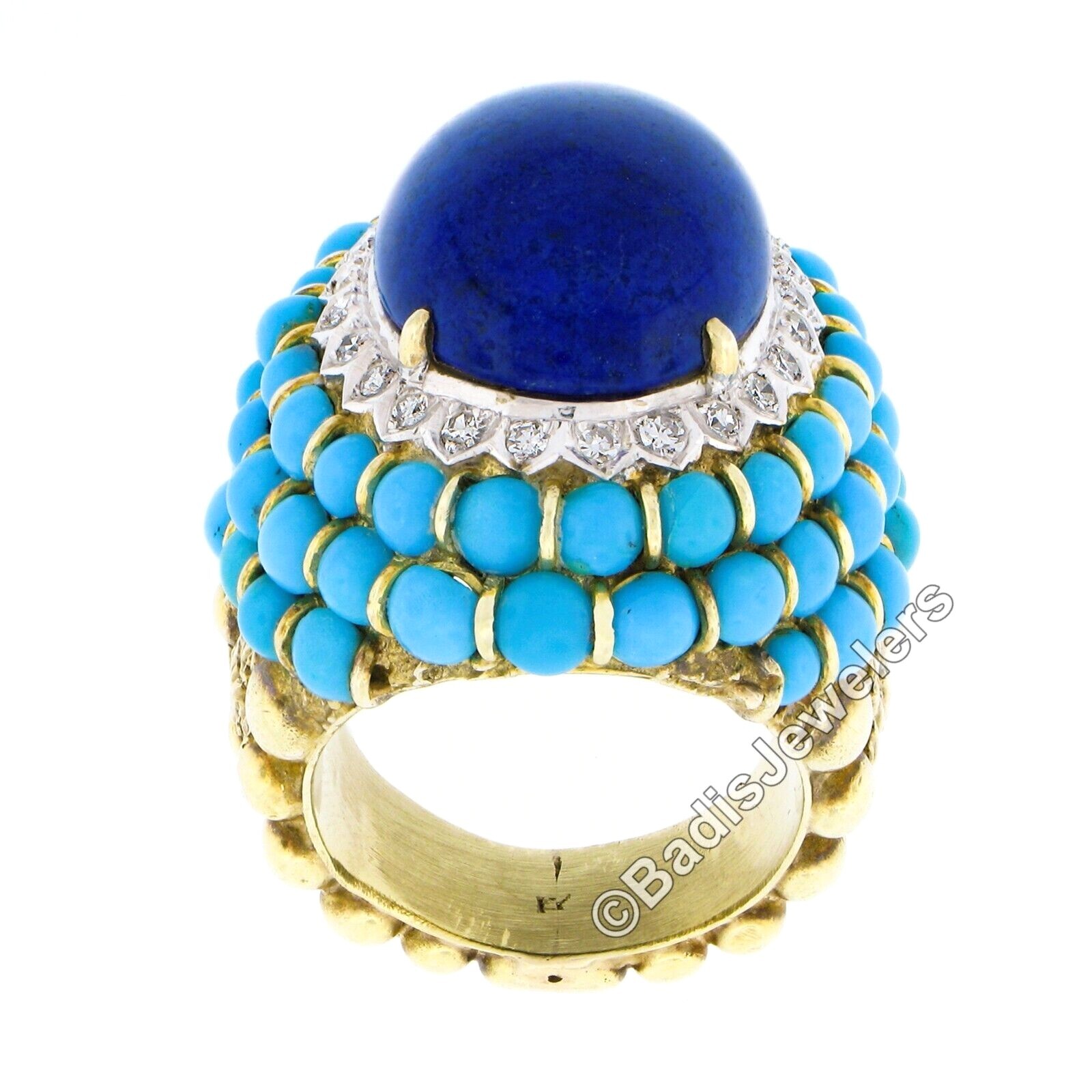 Vintage 14k Gold Cabochon Lapis Turquoise Bead & Diamond Textured Cocktail Ring