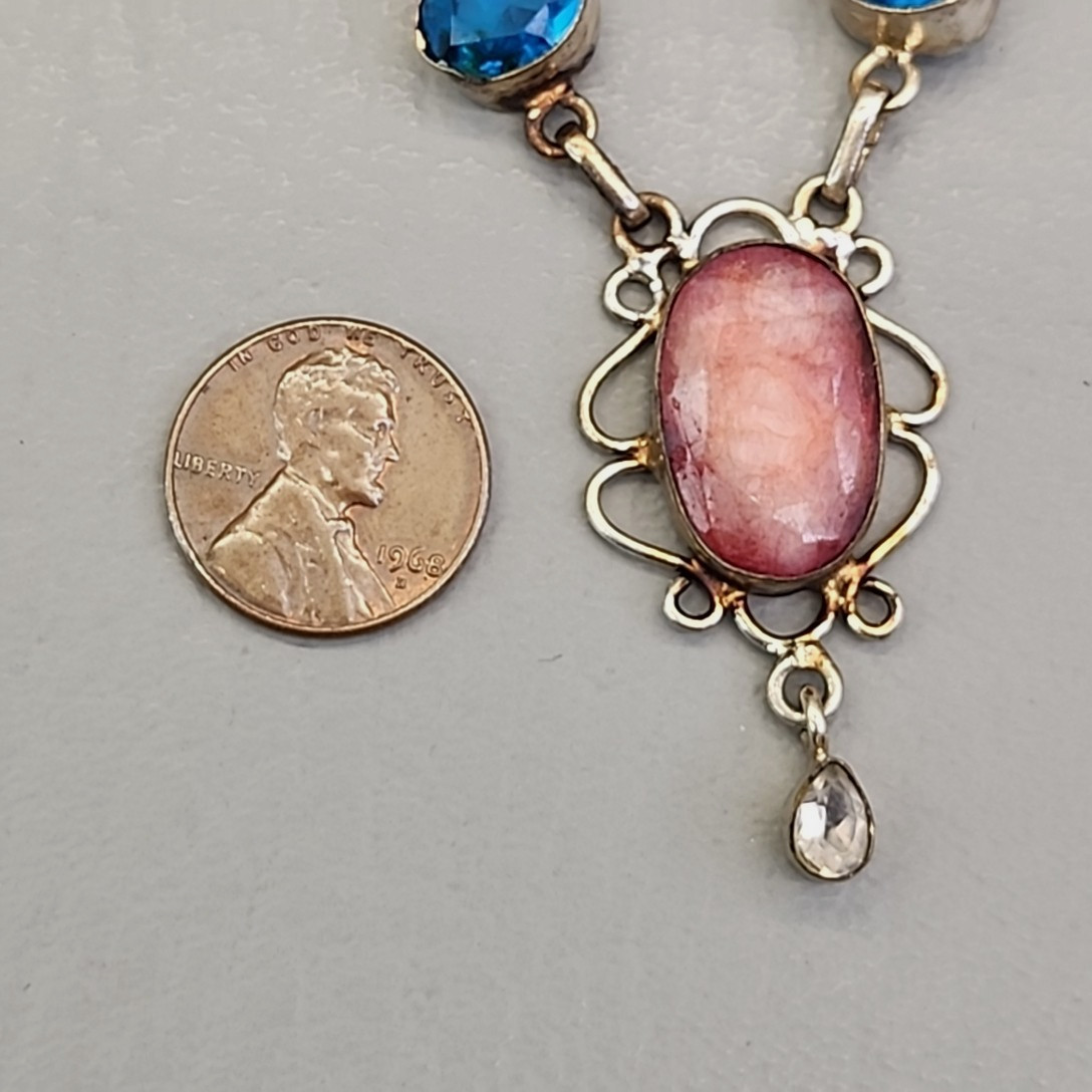 Vintage Glass Bead Necklace Blue Beads Pink Quartz Artisan Silver Tone 18.75″