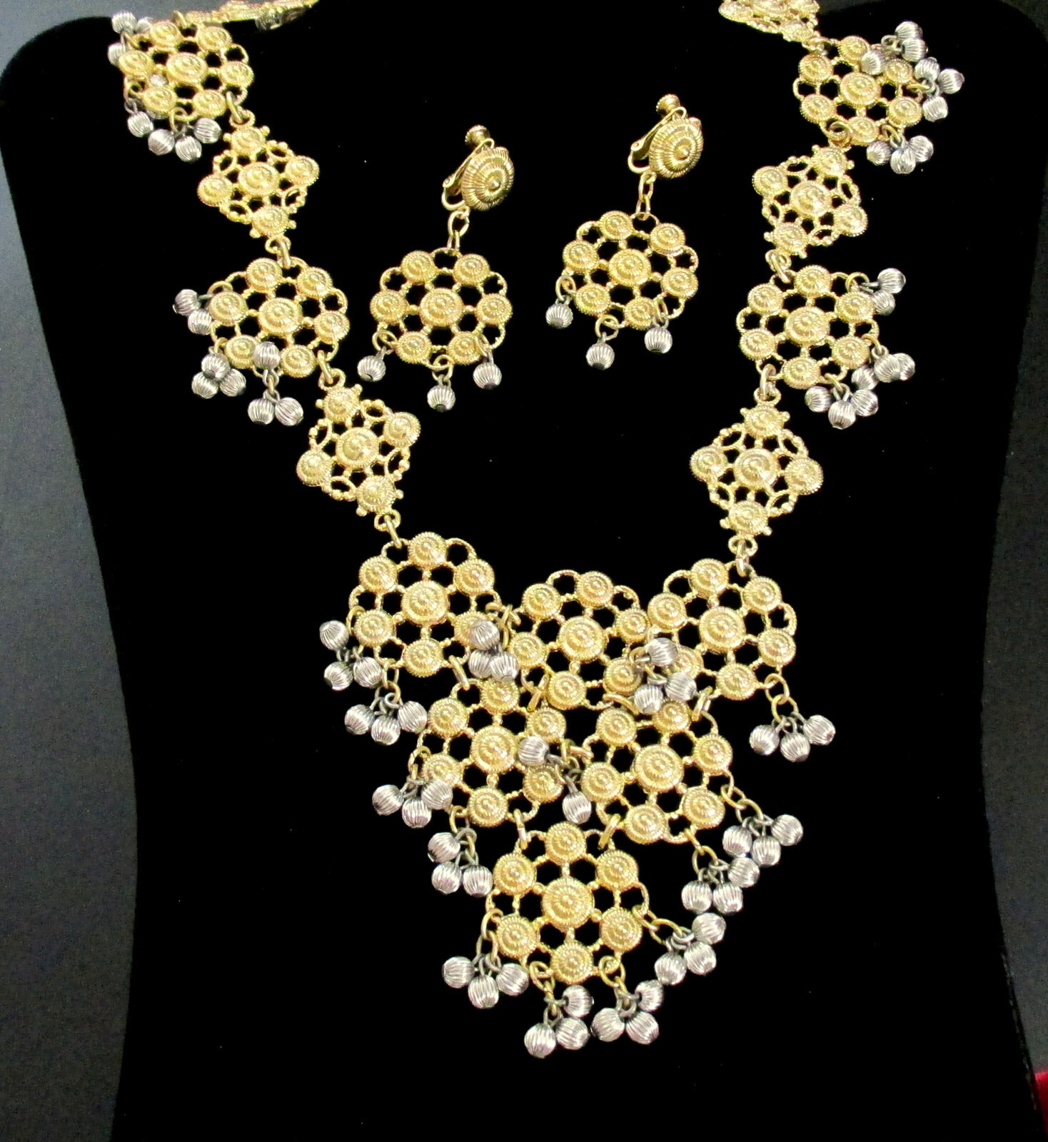 VTG Rare 70s Runway GP/Silver NAPIER Cannetille Filigree BIB NECKLACE EARRINGS