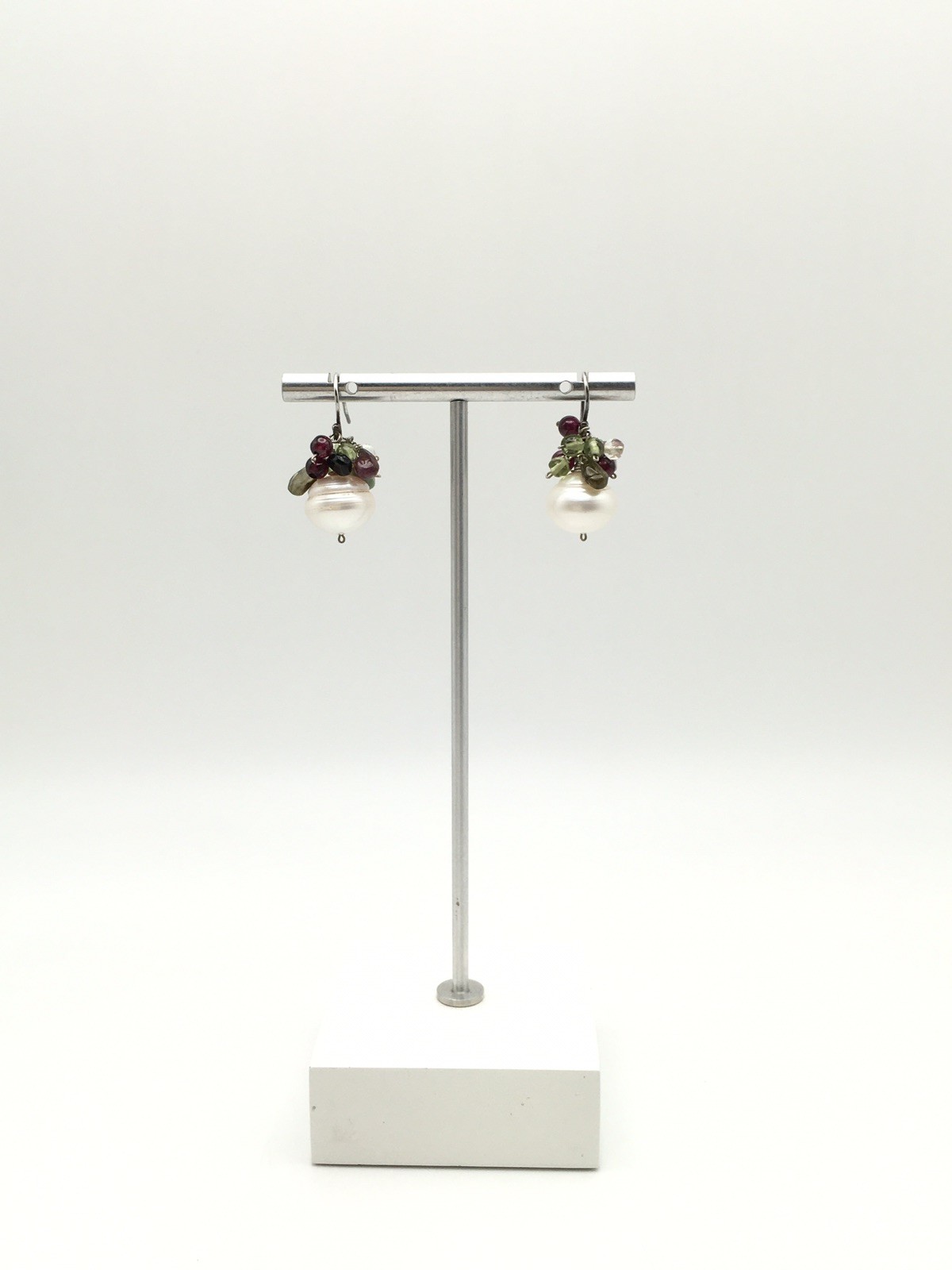 Vintage Sterling Silver Pearl Garnet Green Stone Hook Dangle Earrings 925 8g #92