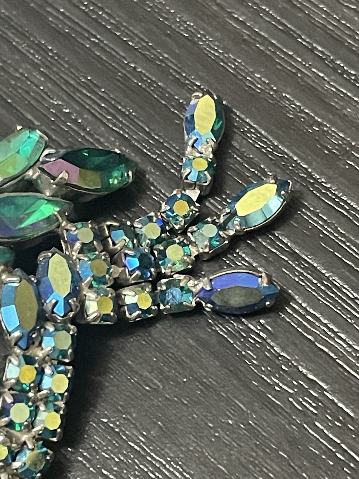 “Blue Lagoon” Style Aurora Borealis Crystal Rhinestone Tassel Brooch Vtg Estate