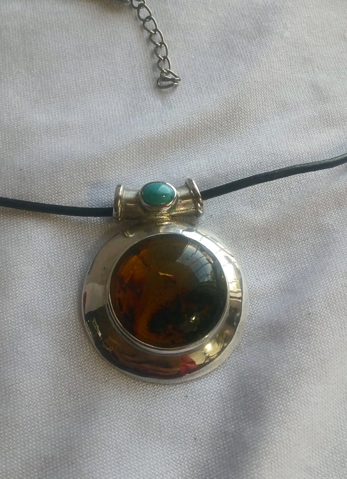 Vintage 1980’s Amber Turquoise And 950 Silver Pendant on Leather Cord