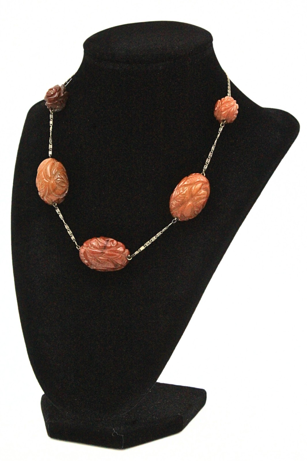 Antique Art Deco Silver 850 Carved Bakelite Flower Bead Station Necklace