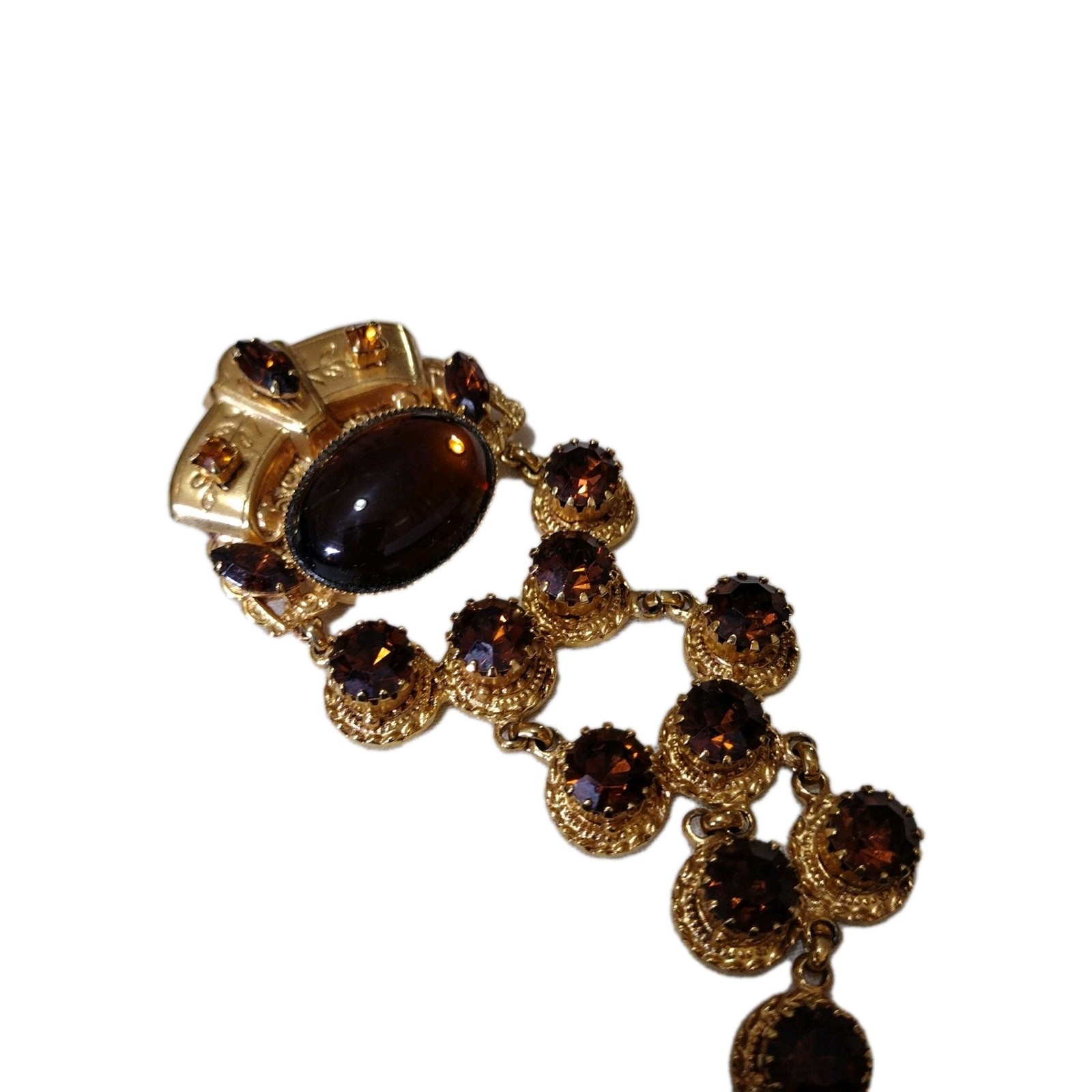 Robert Rose Gold Tone Amber Rhinestone Crown Chandelier Dangle Statement Brooch