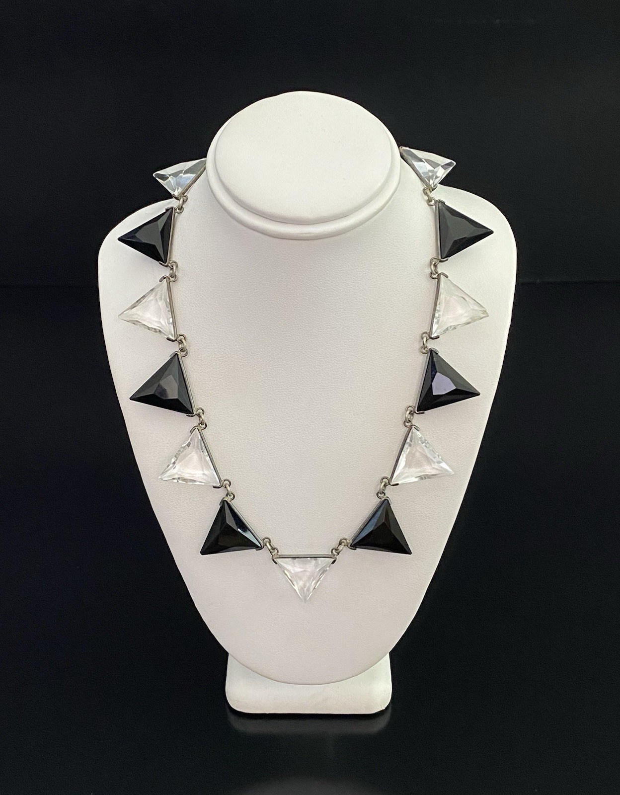 Art Deco VTG Silver Tone Trillion Cut Clear & Black Rock Quartz Choker Necklace