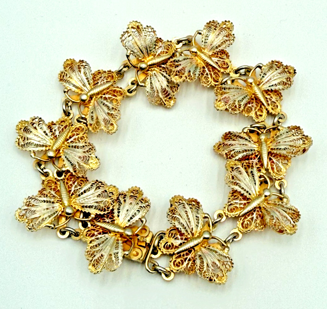 Antique 800 Silver Gold Wash Butterfly Filigree Link Bracelet & Clip On Earrings