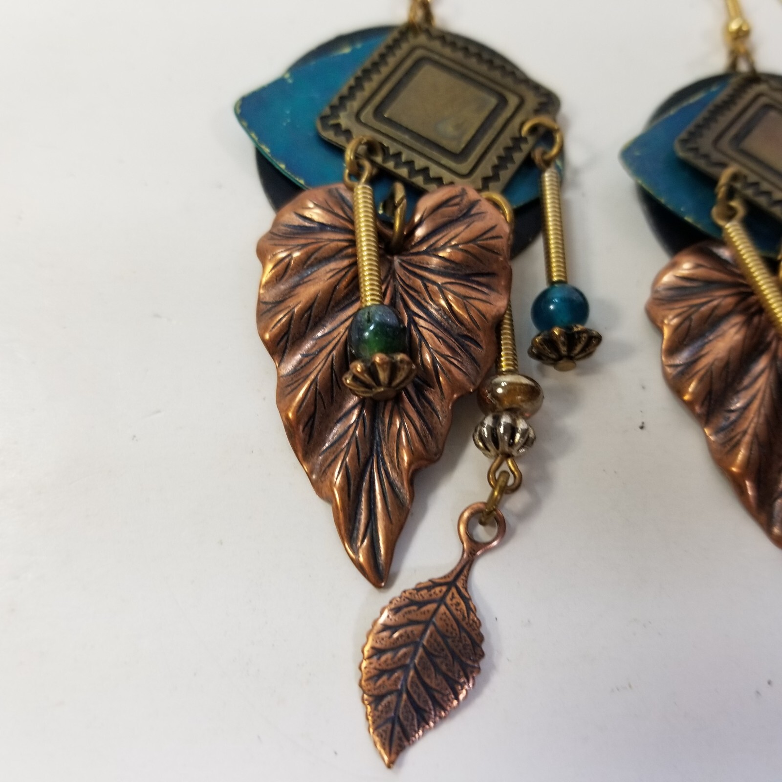 Newpro Dangle Earrings Vintage Metal Beaded Tribal Leaf Leaves Southwestern