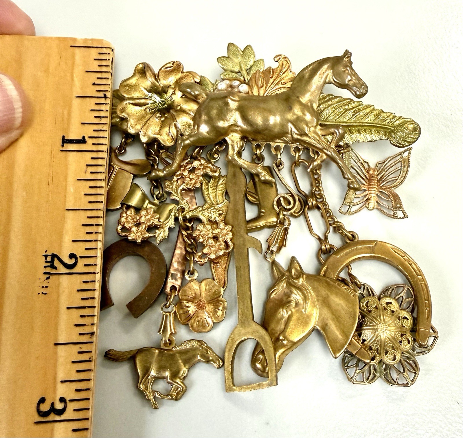 Vintage Equestrian Horse Charm Dangle Brooch Running Horse Horseshoe Stirrup
