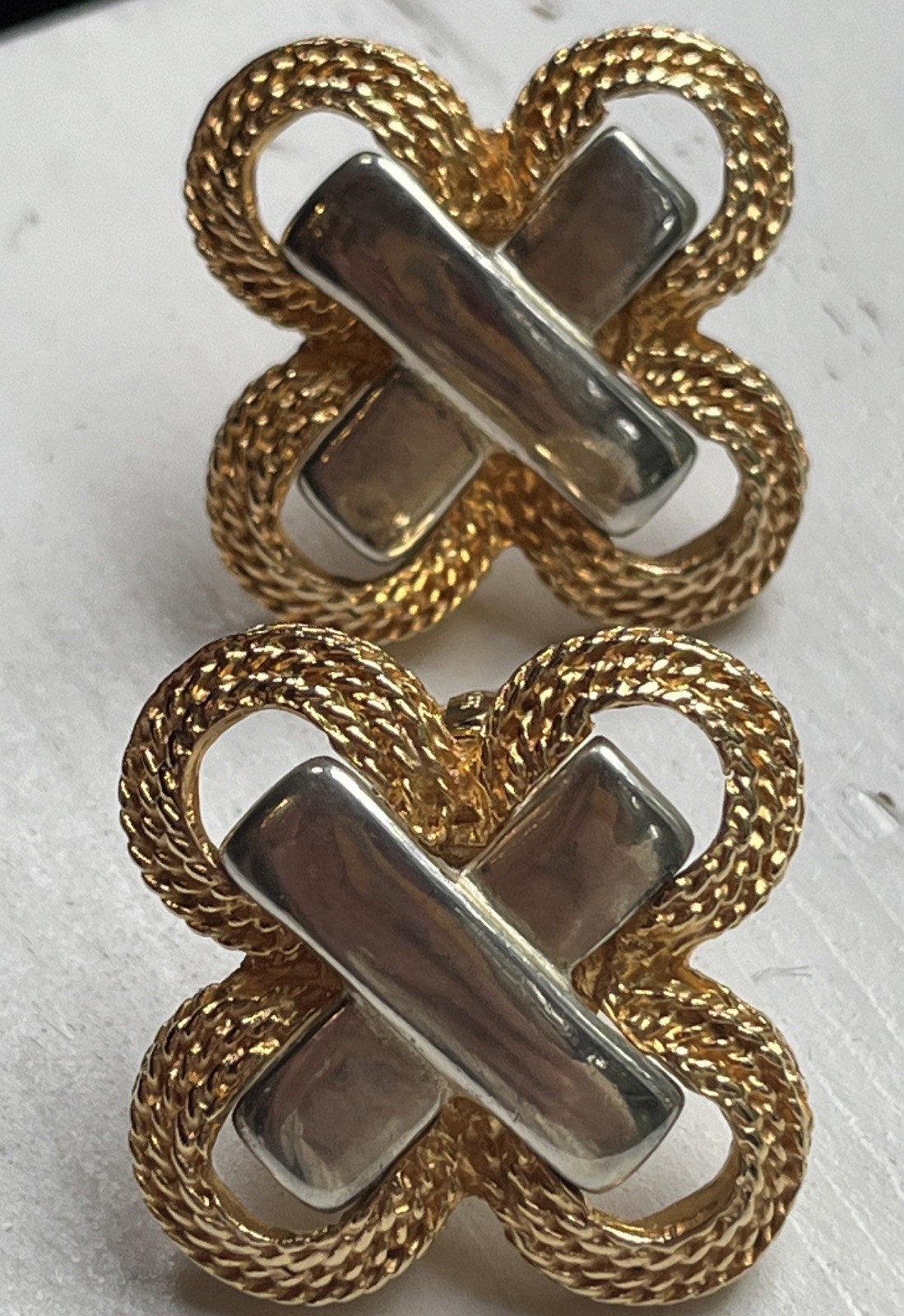 Vintage Gay Boyer Two Tone Gold Silver Braided Statement Clip On Earrings 1980s