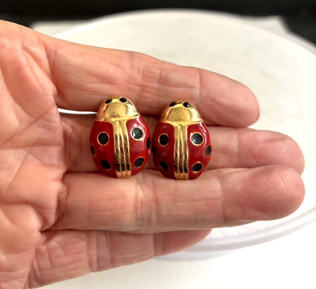 Vintage Gay Boyer Earrings Enameled Red & Black Gold Tone Lady Bugs Signed