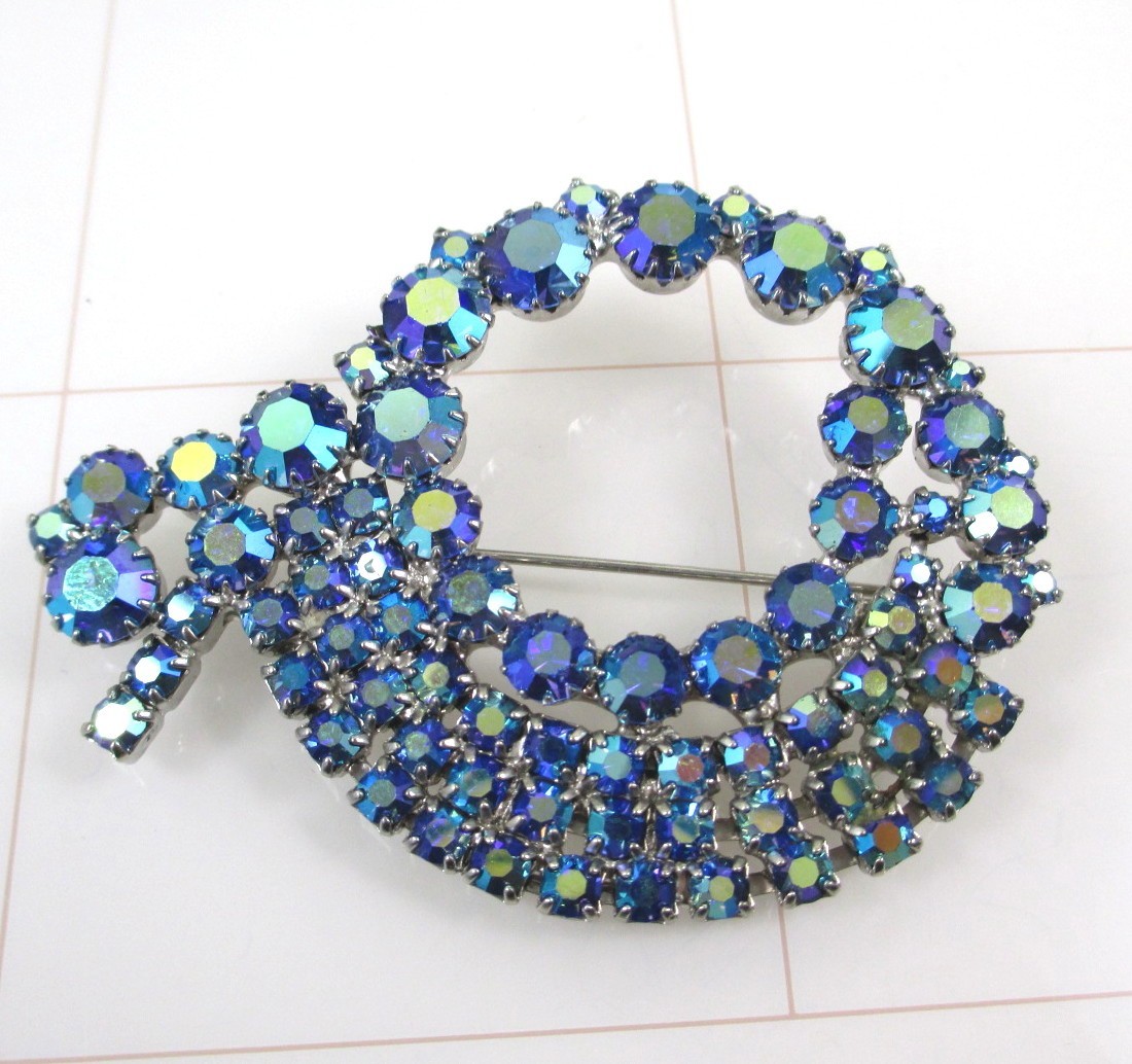 Vintage Large AB Rhinestone Brooch Blue Aurora Borealis Mid Century Statement