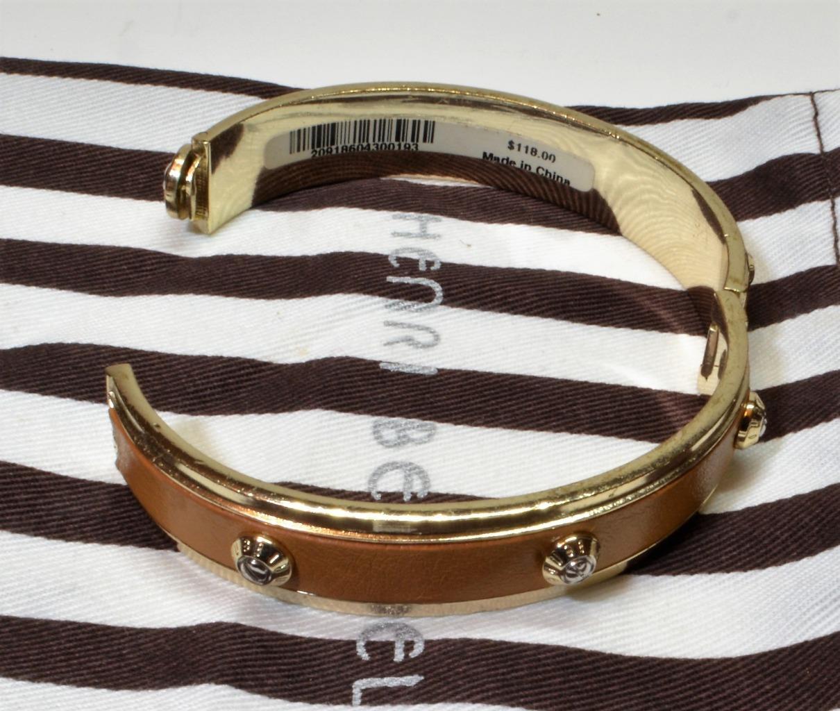 New HENRI BENDEL Goldtone Rivet w Logo Brown Leather Bangle Bracelet w Pouch
