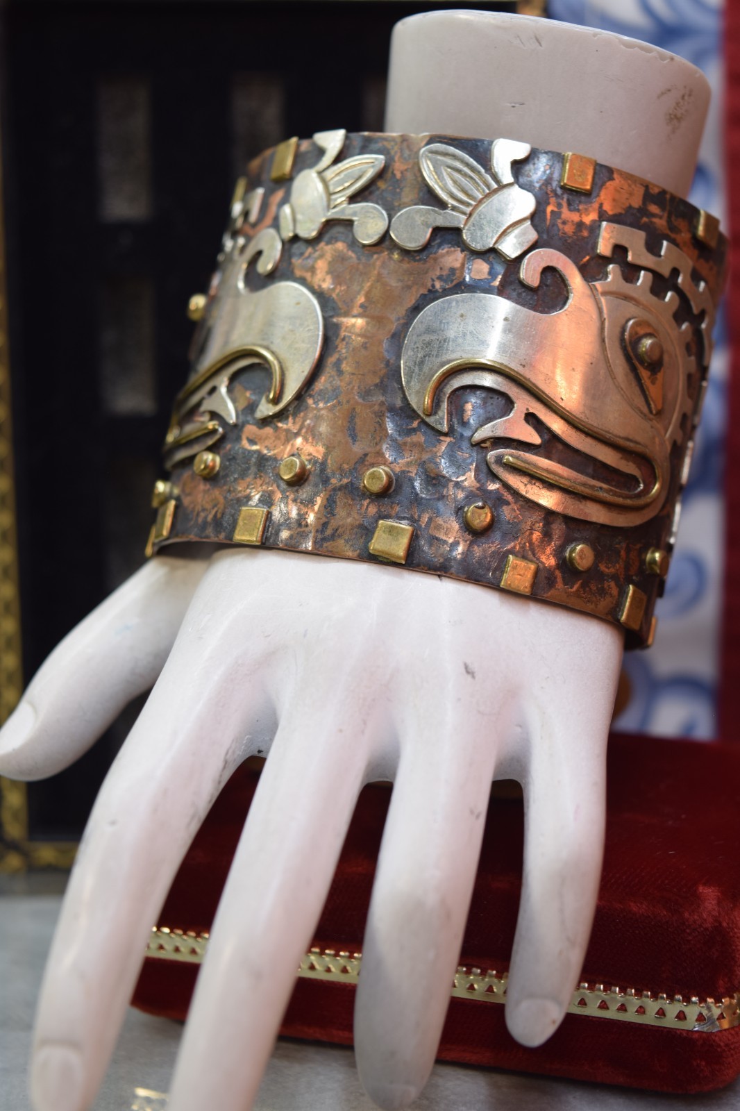 Vintage Mexico Mixed Metal Huge Aztec Bracelet Sterling Copper Brass 8″
