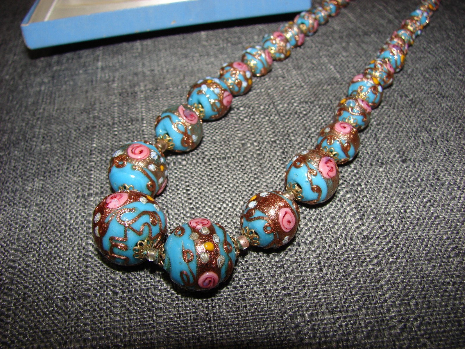 Vintage Venetian Murano Pink Blue Wedding Cake Beads Necklace and Clip Earrings