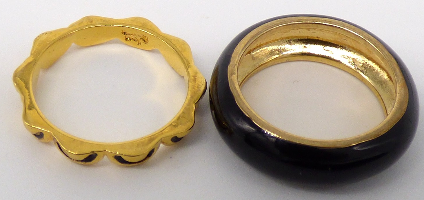 Gold Tone Ring Set Lot of 2 Size 5 Black Enamel Band Stackable Toe Rings Shiny!