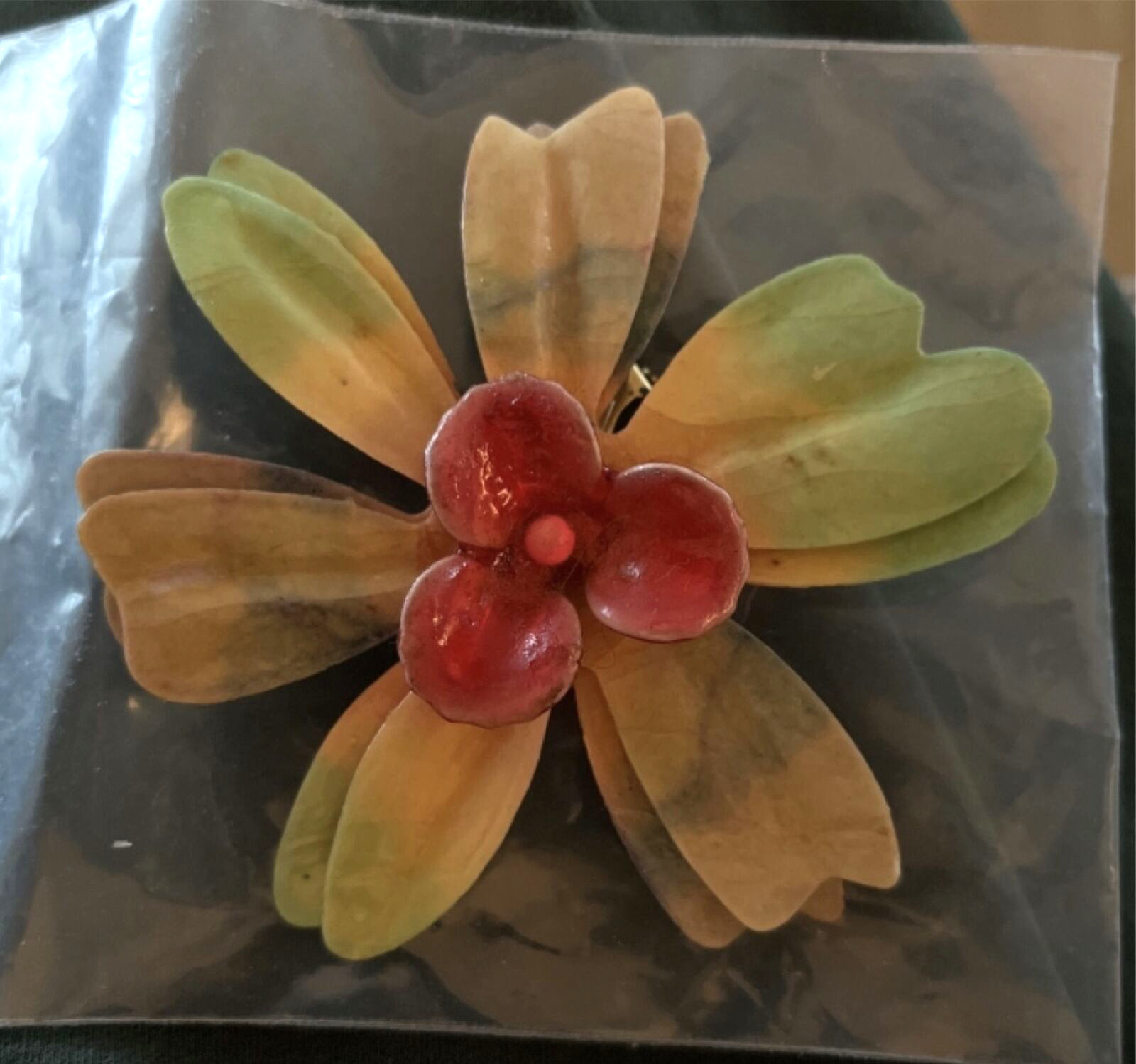 Vintage Large Enamel Flower Pin – lightweight not metal – papier mache? resin?
