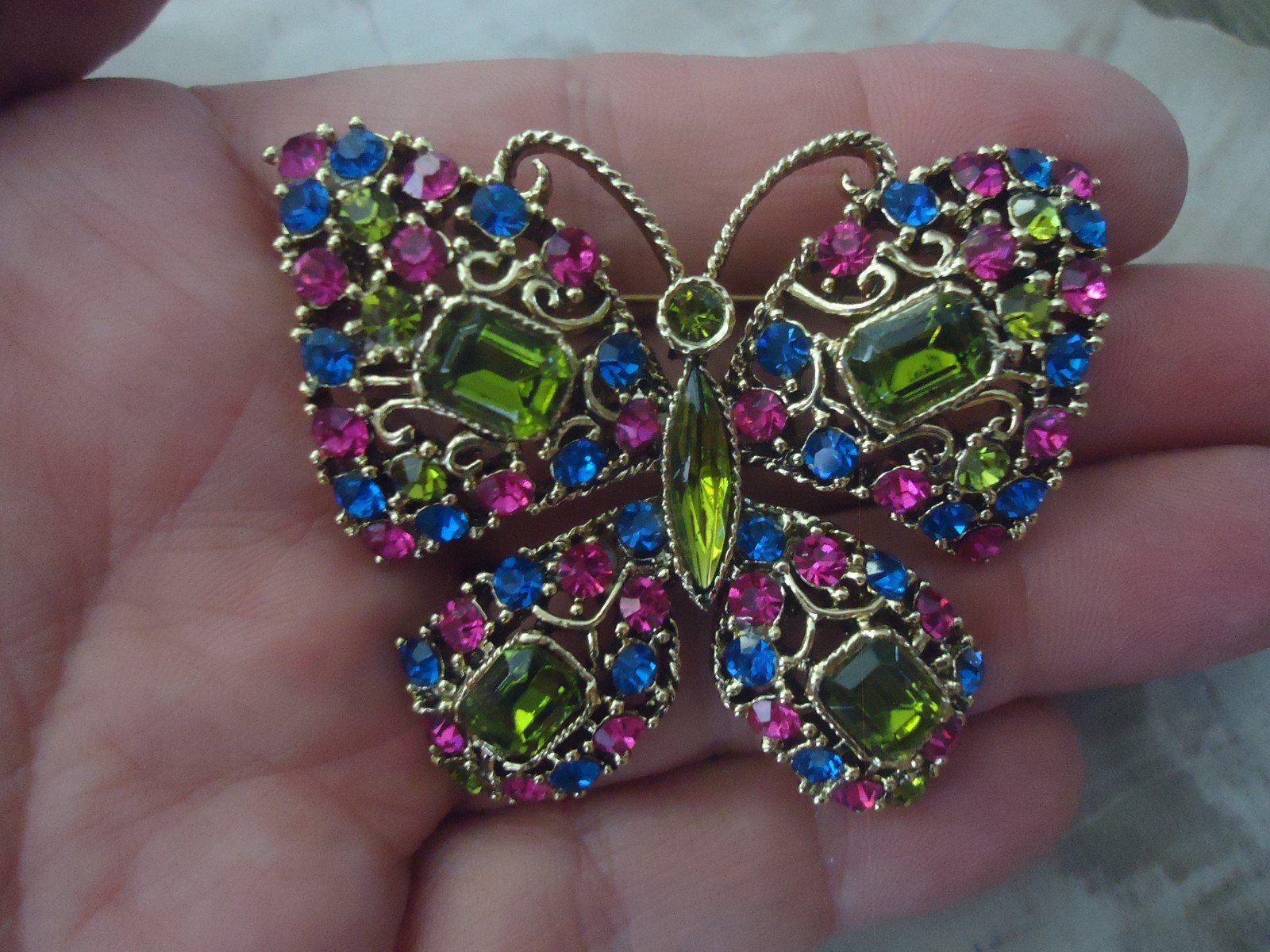 Vintage Rhinestone Butterfly Brooch, Blue, Pink and Green Stones