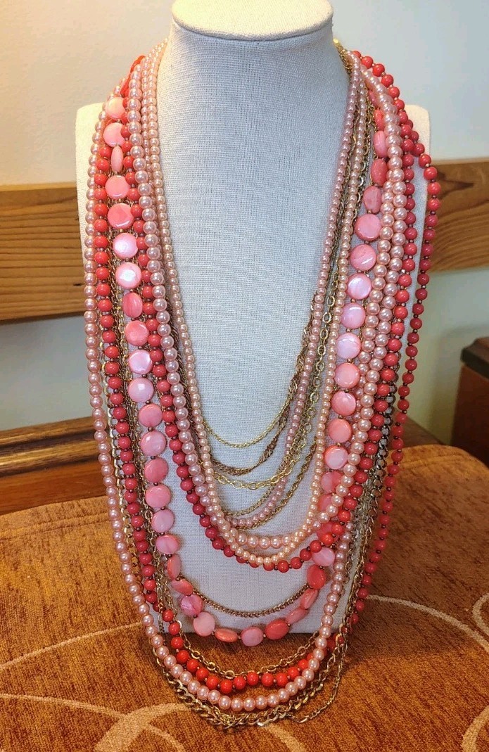 VTG Park Lane Faux Coral Gold Tone Waterfall Necklace Peach Shell Multi Strand