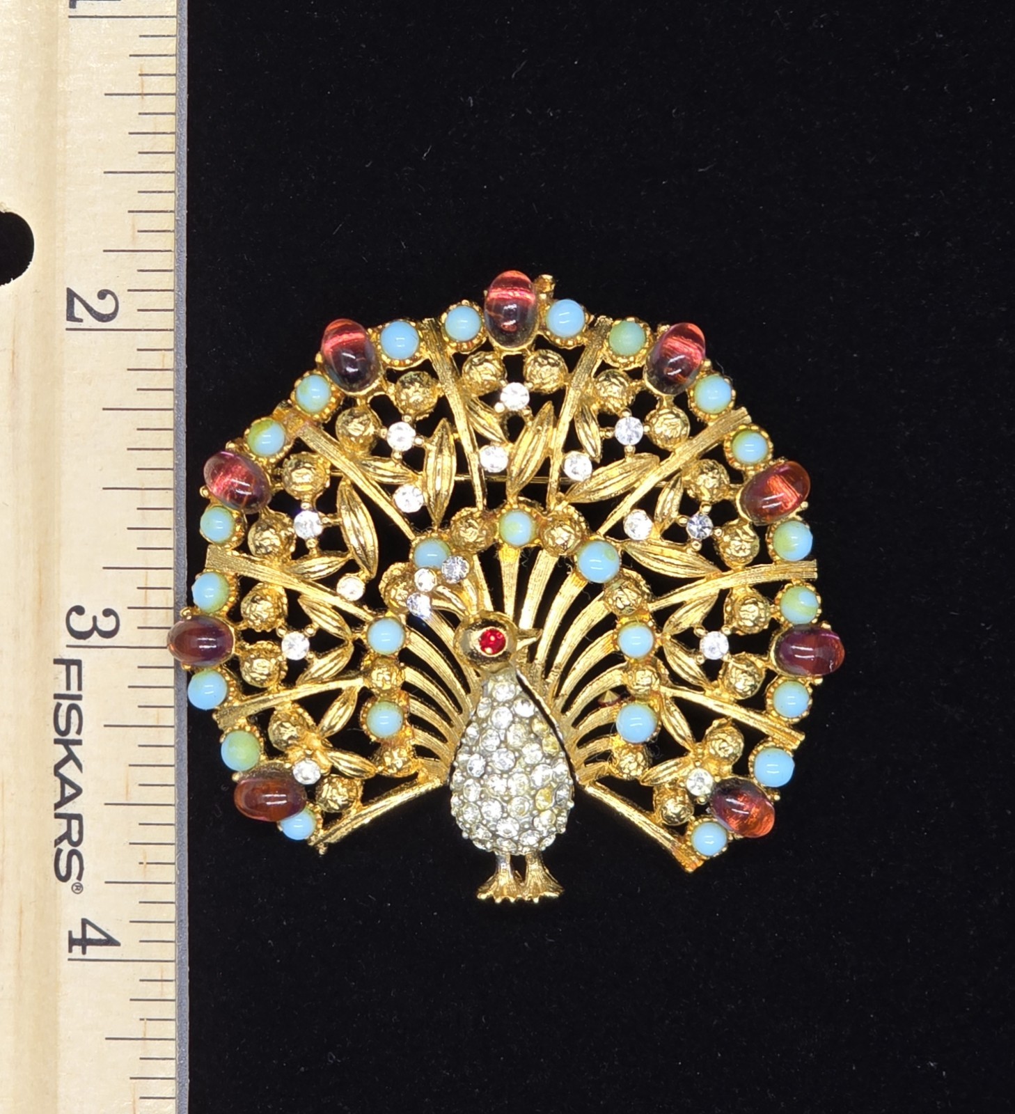 Vtg Signed Lisner Blue Purple Rhinestone Figural Peacock Gold Tone Brooch Pin