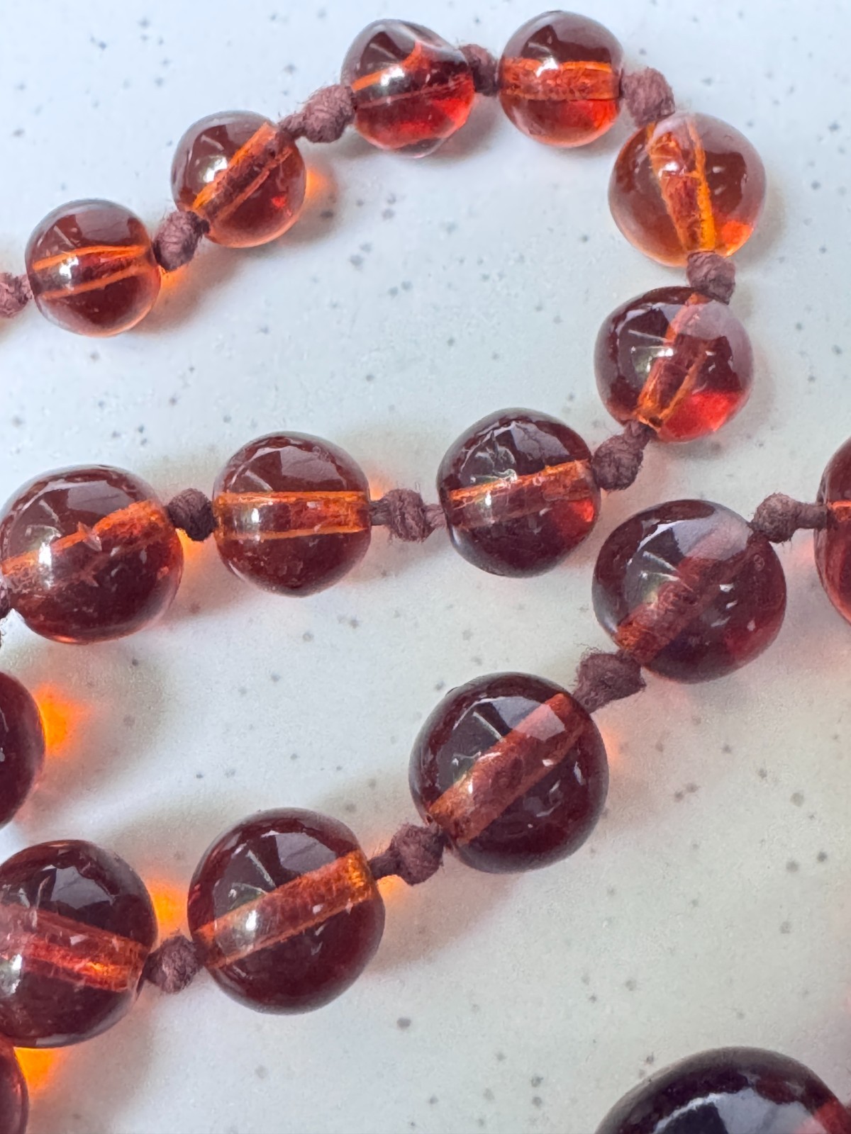 Vintage ART DECO Graduated Bead FAUX Amber Necklace, Czech Glass, Hand knot, 32”
